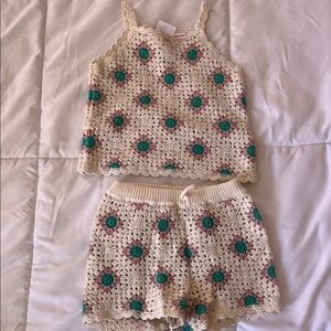 Zara Cream Crochet Tank & Shorts Set with Teal and Pink Flower Accents